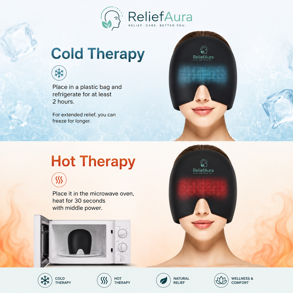 ReliefAura Premium Migraine Relief Cap | Light-Blocking Wearable Ice Pack Wrap