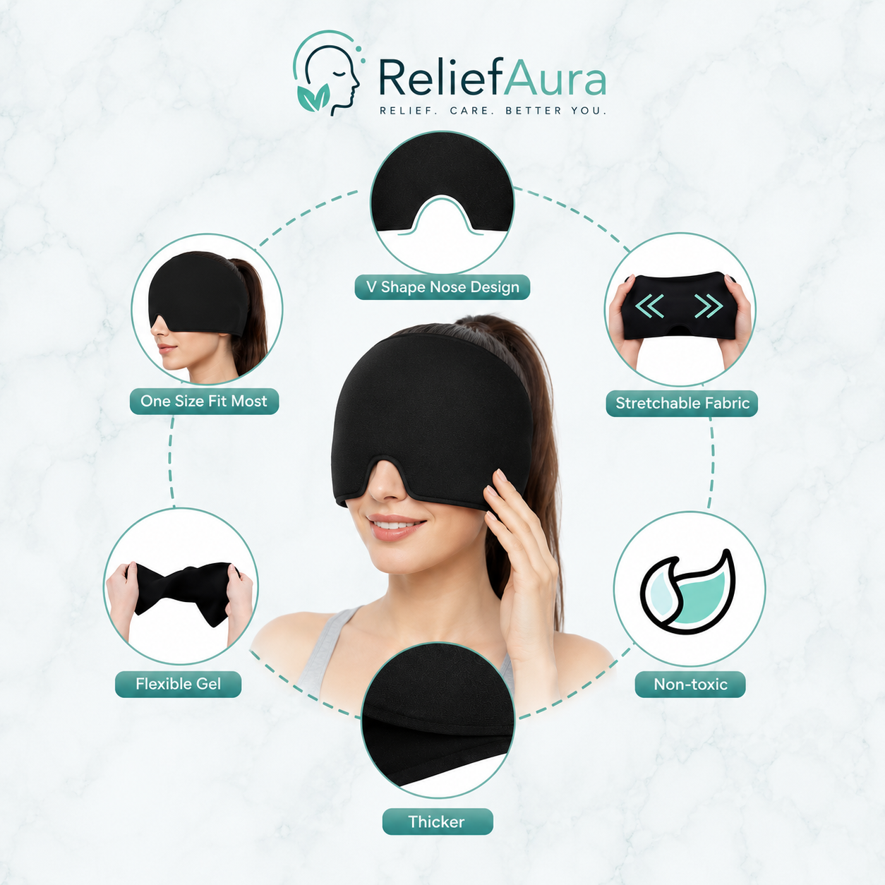 ReliefAura Premium Migraine Relief Cap | Light-Blocking Wearable Ice Pack Wrap