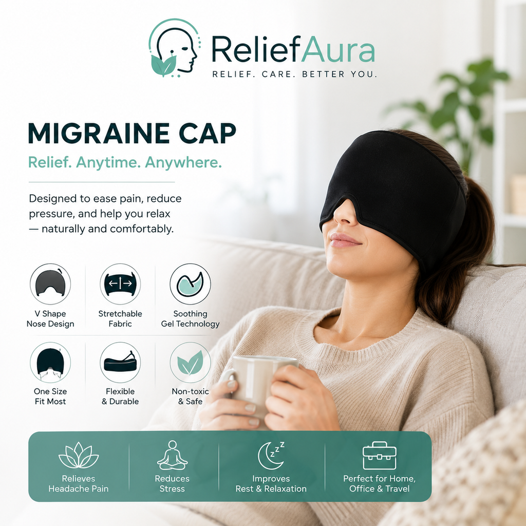 ReliefAura Premium Migraine Relief Cap | Light-Blocking Wearable Ice Pack Wrap